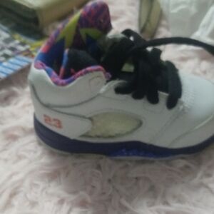 White and Purple Jordan 5 Sneakers with Leather Upper
